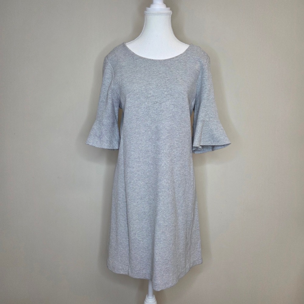 Tahari Grey White Textured Knit‎ Bell Sleeve Shift Dress Womens Size 10 US